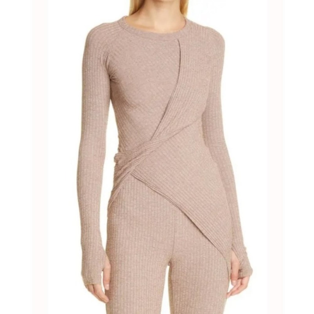 ALIX NYC Ribbed Long Sleeve Twist Front Top in Beige